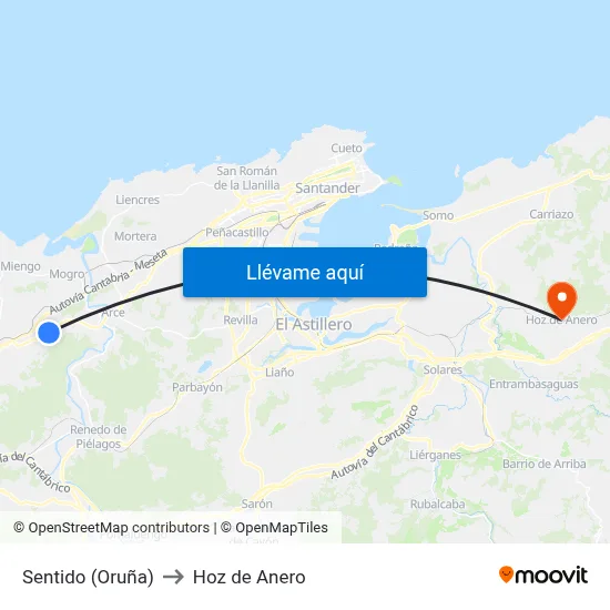 Sentido (Oruña) to Hoz de Anero map