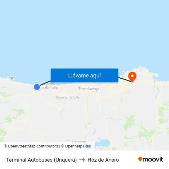 Terminal Autobuses (Unquera) to Hoz de Anero map