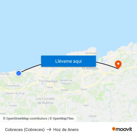 Cobreces (Cobreces) to Hoz de Anero map