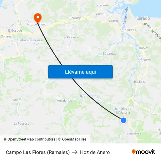 Campo Las Flores (Ramales) to Hoz de Anero map