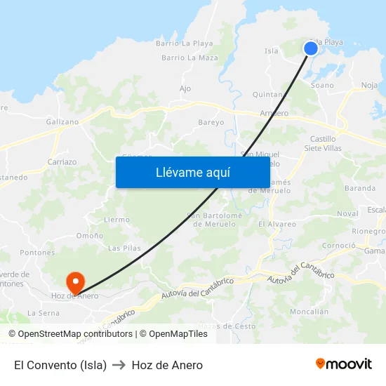 El Convento (Isla) to Hoz de Anero map