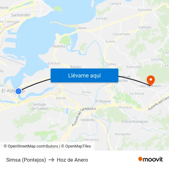 Simsa (Pontejos) to Hoz de Anero map