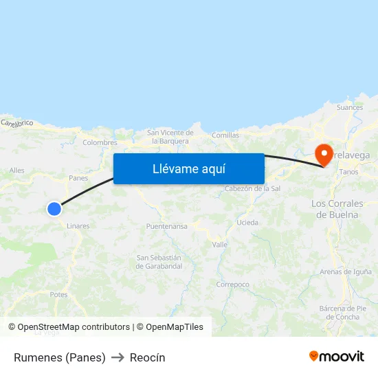 Rumenes (Panes) to Reocín map