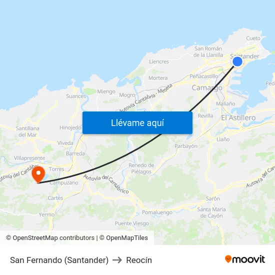 San Fernando (Santander) to Reocín map