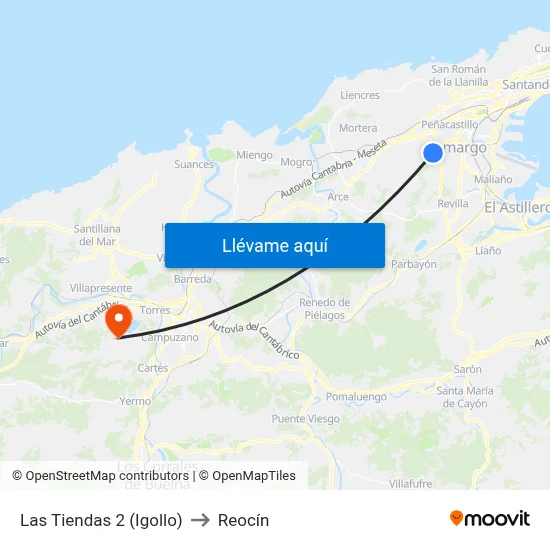 Las Tiendas 2 (Igollo) to Reocín map