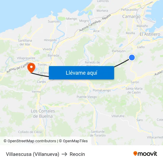 Villaescusa (Villanueva) to Reocín map