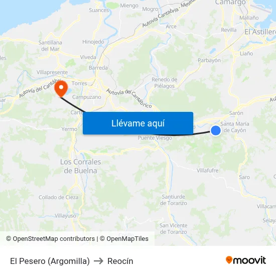 El Pesero (Argomilla) to Reocín map