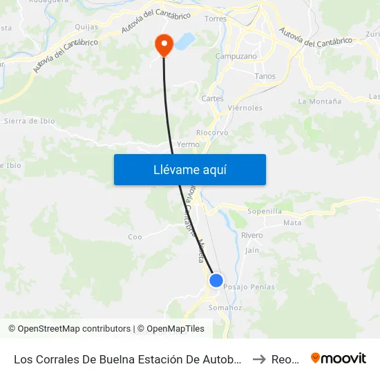 Los Corrales De Buelna Estación De Autobuses to Reocín map