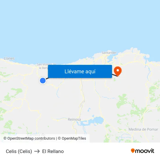 Celis (Celis) to El Rellano map