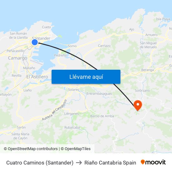Cuatro Caminos (Santander) to Riaño Cantabria Spain map