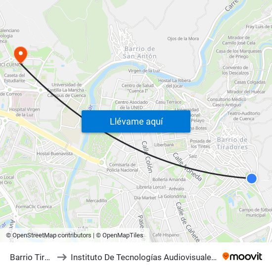 Barrio Tiradores to Instituto De Tecnologías Audiovisuales De Cuenca - Itav map