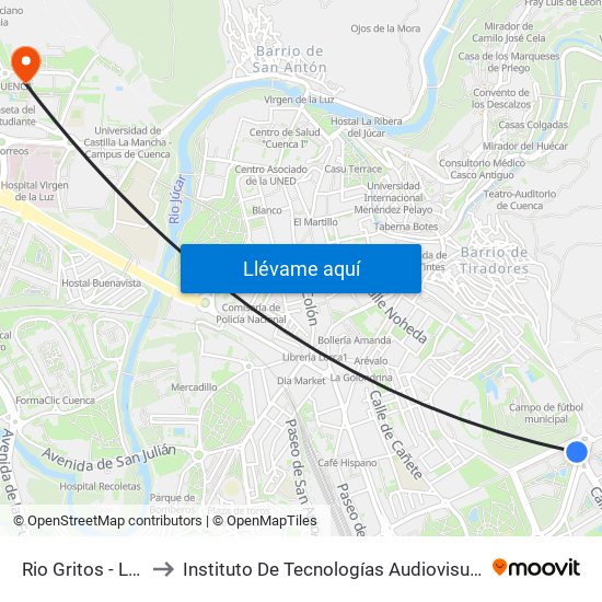 Rio Gritos - Las Torcas to Instituto De Tecnologías Audiovisuales De Cuenca - Itav map