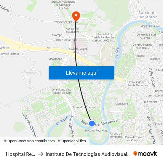 Hospital Recoletas to Instituto De Tecnologías Audiovisuales De Cuenca - Itav map