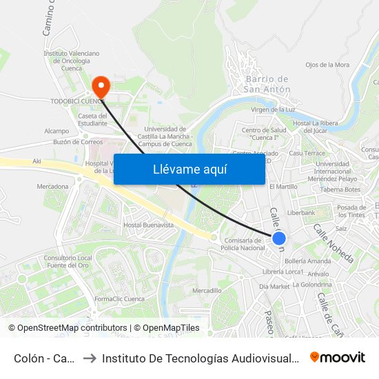 Colón - Carretería to Instituto De Tecnologías Audiovisuales De Cuenca - Itav map
