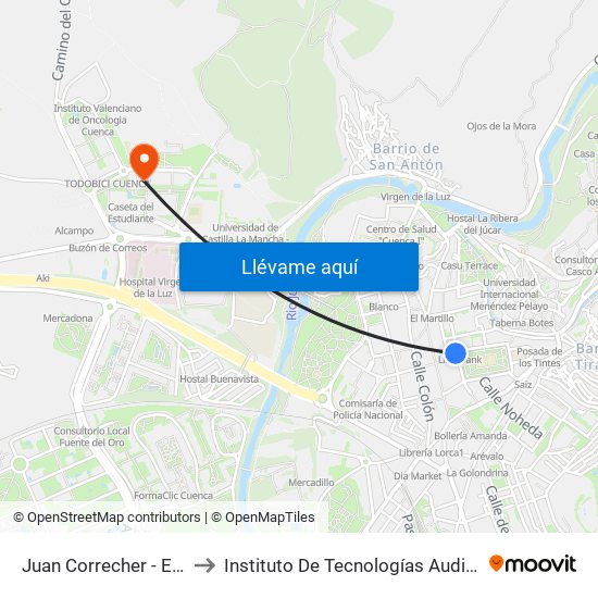 Juan Correcher - Edificio Sindicatos to Instituto De Tecnologías Audiovisuales De Cuenca - Itav map
