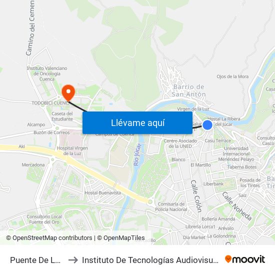 Puente De La Trinidad to Instituto De Tecnologías Audiovisuales De Cuenca - Itav map