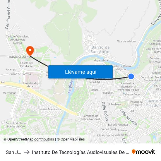 San Juan to Instituto De Tecnologías Audiovisuales De Cuenca - Itav map