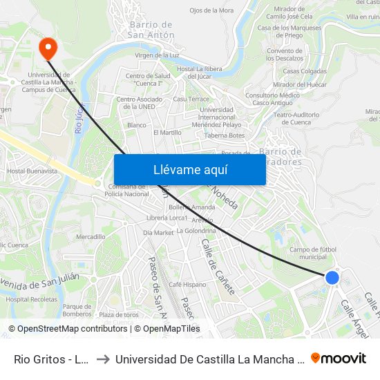 Rio Gritos - Las Torcas to Universidad De Castilla La Mancha - Campus De Cuenca map