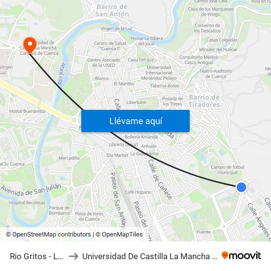 Rio Gritos - Las Torcas to Universidad De Castilla La Mancha - Campus De Cuenca map