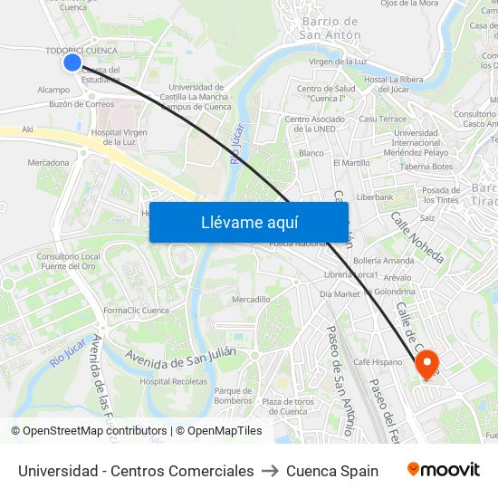 Universidad - Centros Comerciales to Cuenca Spain map