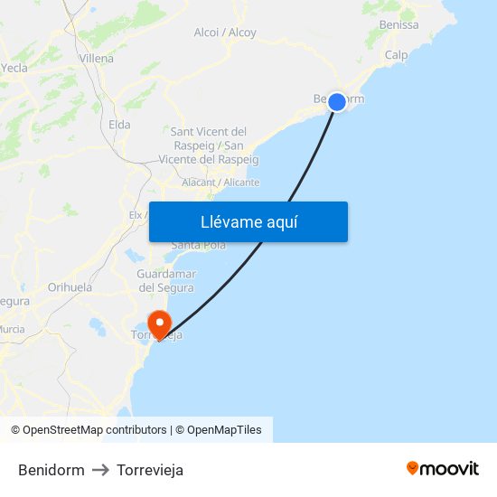 Benidorm to Torrevieja map