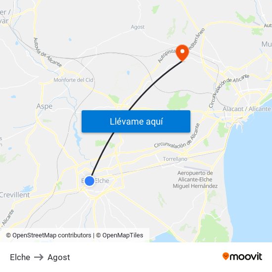 Elche to Agost map