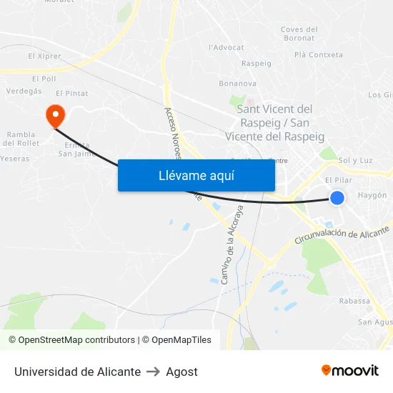 Universidad de Alicante to Agost map