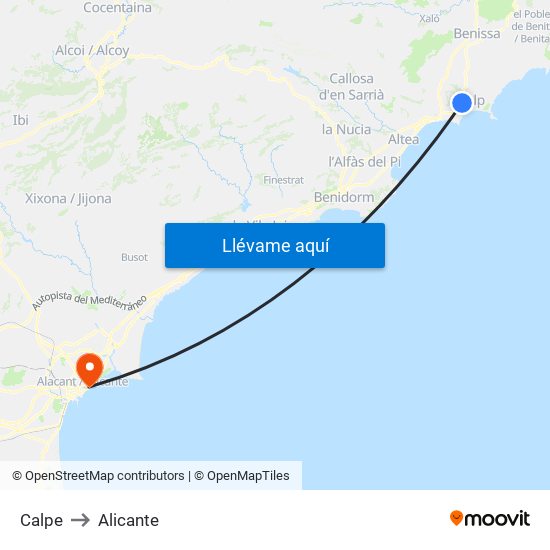 Calpe to Alicante map