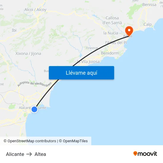 Alicante to Altea map
