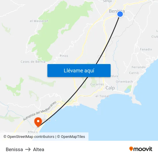 Benissa to Altea map