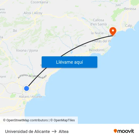 Universidad de Alicante to Altea map