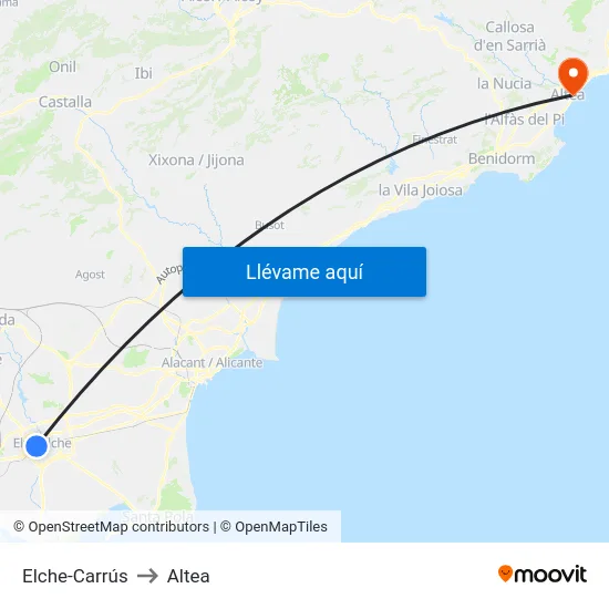 Elche-Carrús to Altea map