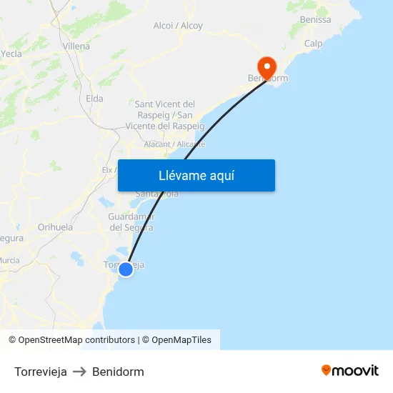 Torrevieja to Benidorm map