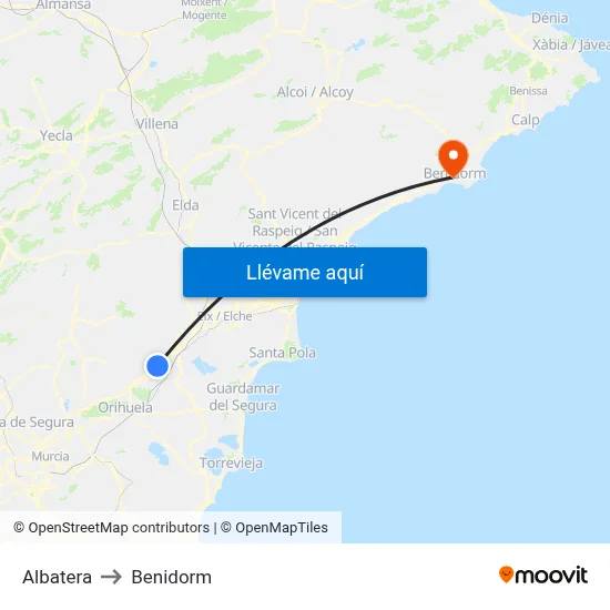 Albatera to Benidorm map