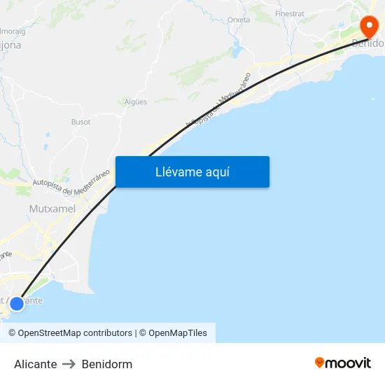 Alicante to Benidorm map