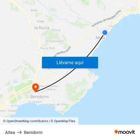 Altea to Benidorm map