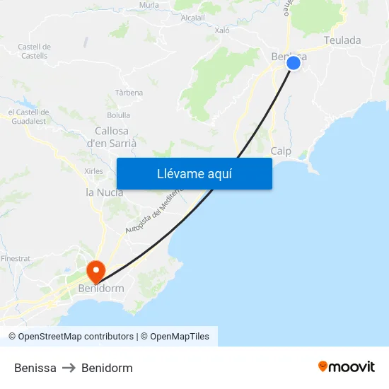 Benissa to Benidorm map