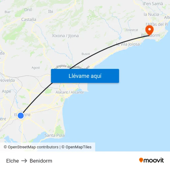 Elche to Benidorm map