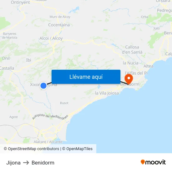 Jijona to Benidorm map