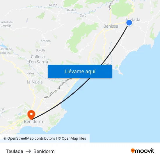 Teulada to Benidorm map