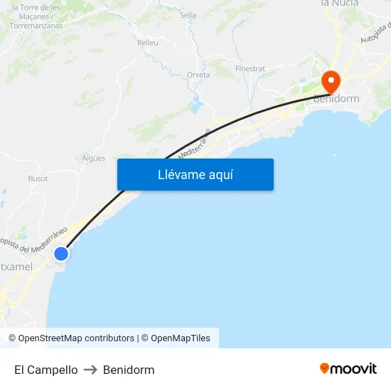 El Campello to Benidorm map