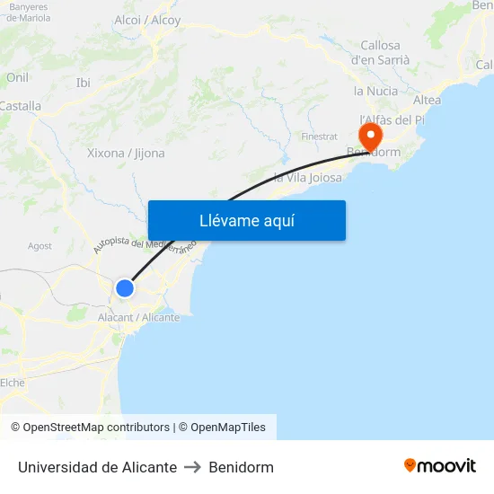 Universidad de Alicante to Benidorm map