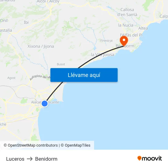 Luceros to Benidorm map