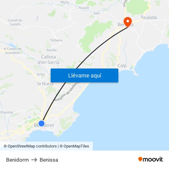 Benidorm to Benissa map