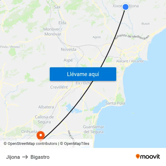 Jijona to Bigastro map