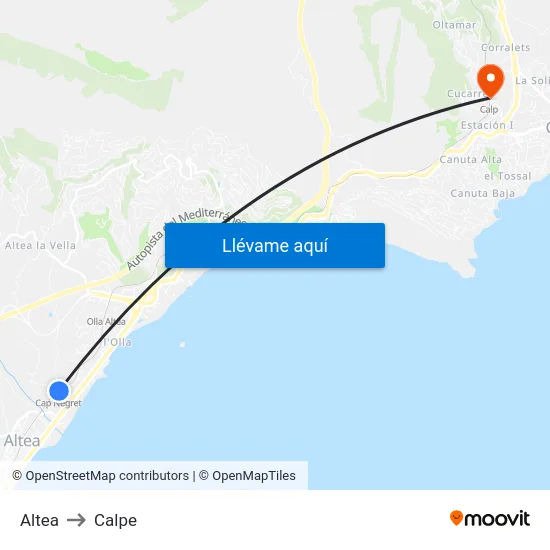 Altea to Calpe map