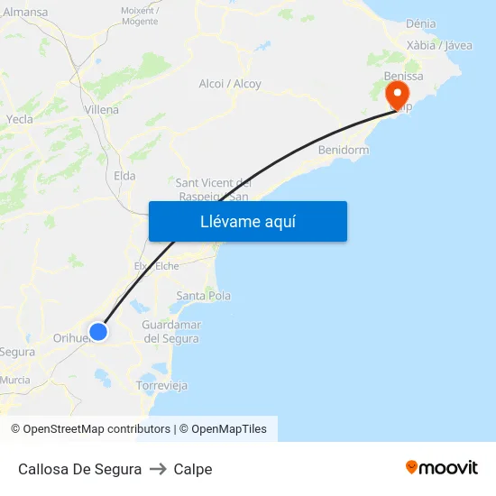 Callosa De Segura to Calpe map