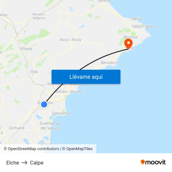 Elche to Calpe map