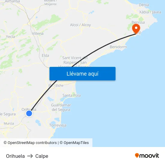 Orihuela to Calpe map