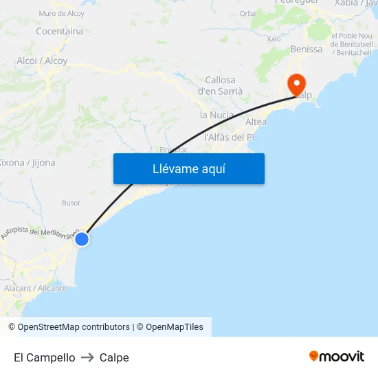 El Campello to Calpe map